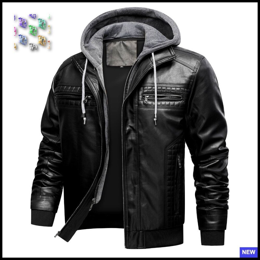 Men's Vintage Motorcycle Bomber Jacket Windproof PU Leather Removable Hood